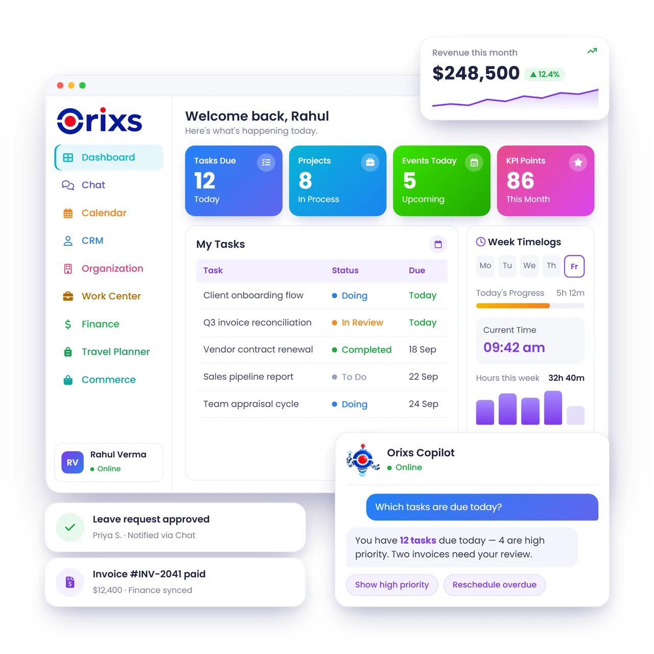 Orixs workspace showing business tasks, project activity, finance and the Orixs Copilot